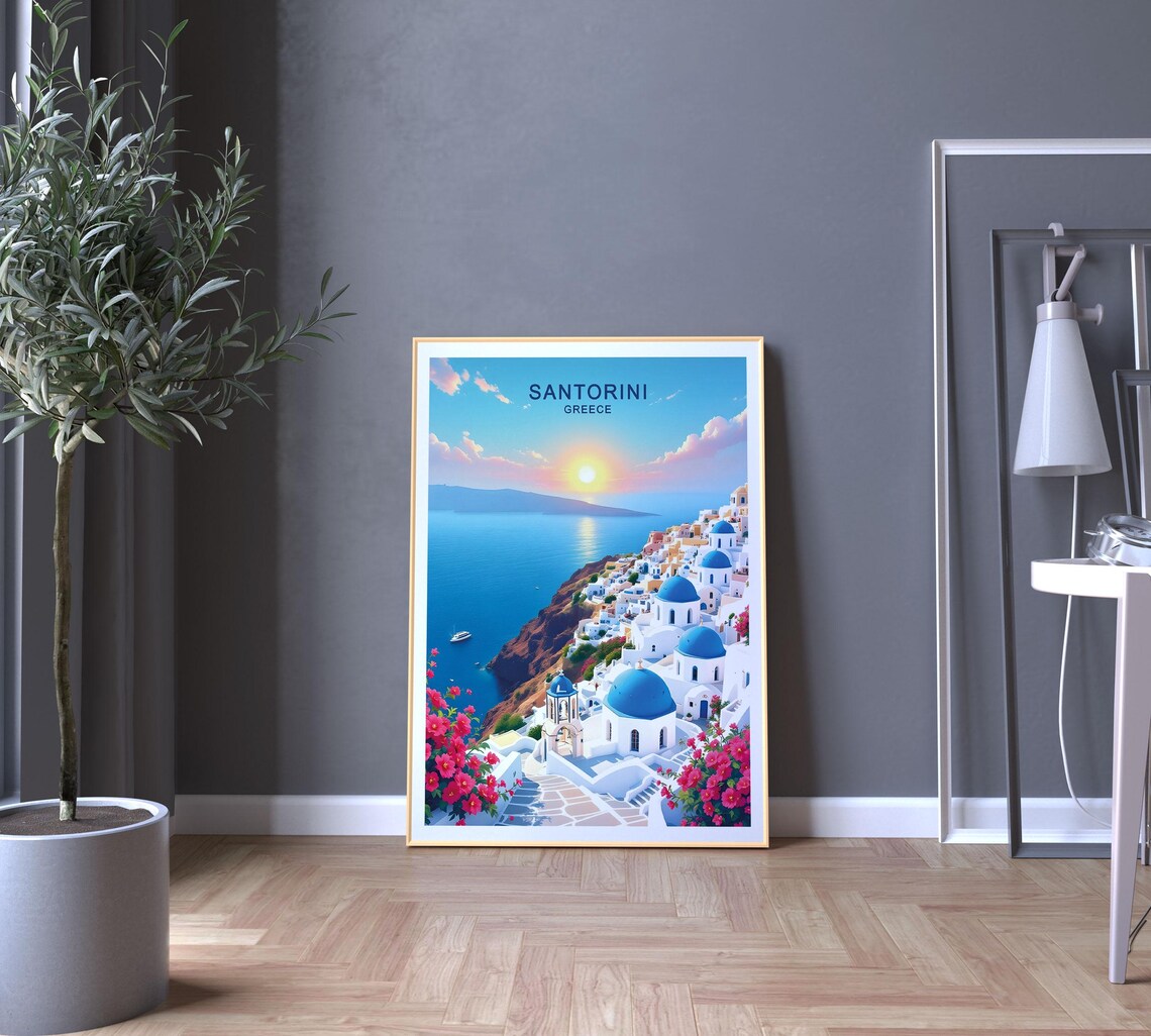 Santorini Greece Blue Domes Caldera Sunset Bougainvillea Poster - Image 5