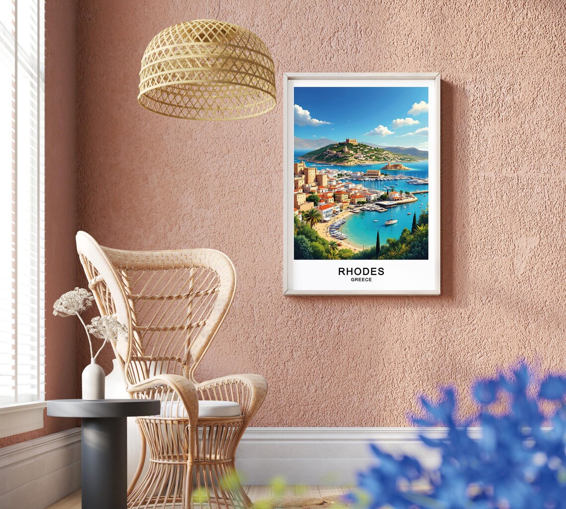 Rhodes Greece Harbor Marina Hilltop Old Town Aegean Sea View Poster - Image 2