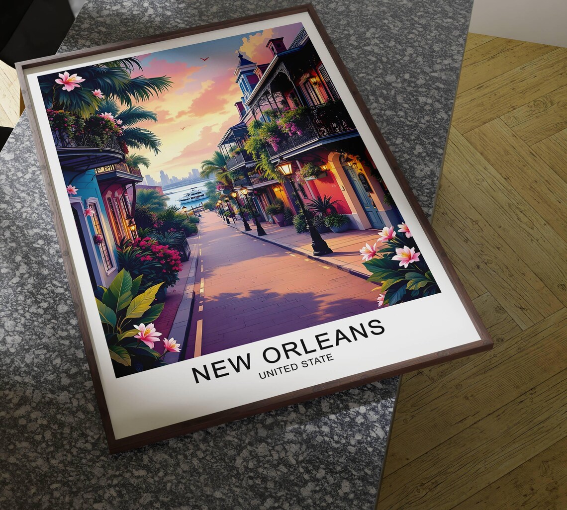 New Orleans French Quarter Balcony Palm Sunset Street Travel Poster - Image 4