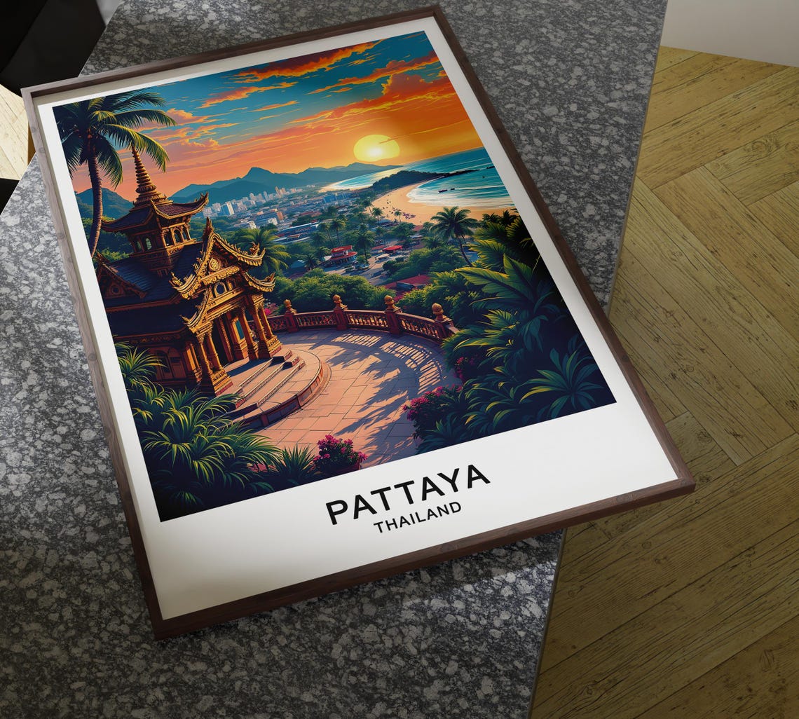 Pattaya Thailand Temple Overlook Bay Sunset Palm Coast Poster - Image 4