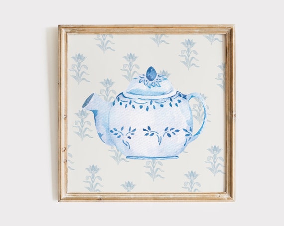 Watercolor Vintage Teapot Square Print Instant Wall Art Trendy Decor Illustration Living Room Art Kitchen