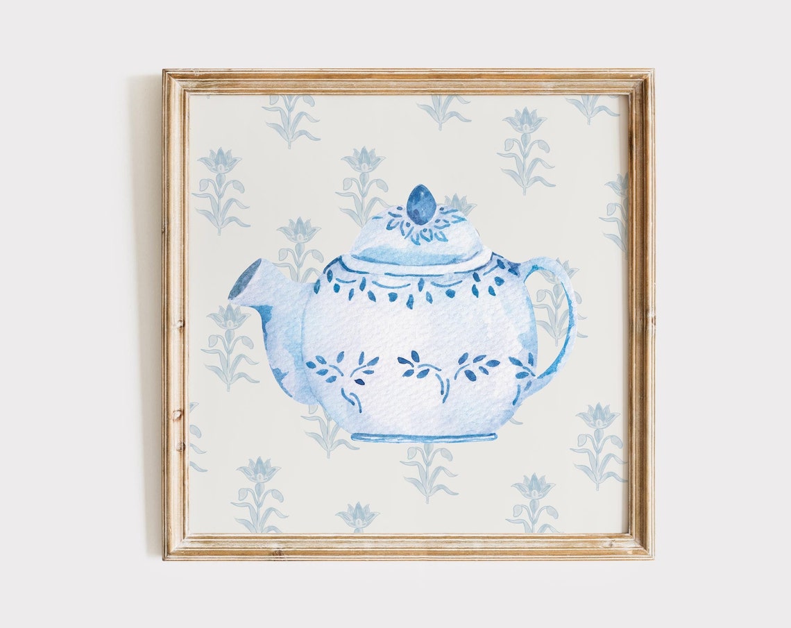 Blue and White Watercolor Teapot Botanical Kitchen Art Poster