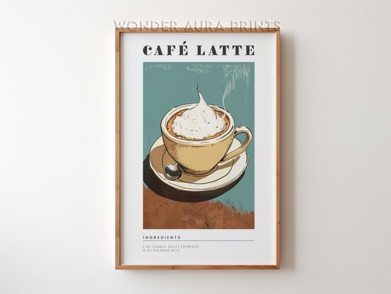 Cafe Latte Recipe Wall Art Print Coffee Guide Prints Kitchen Retro Decor Bar Wonder Aura