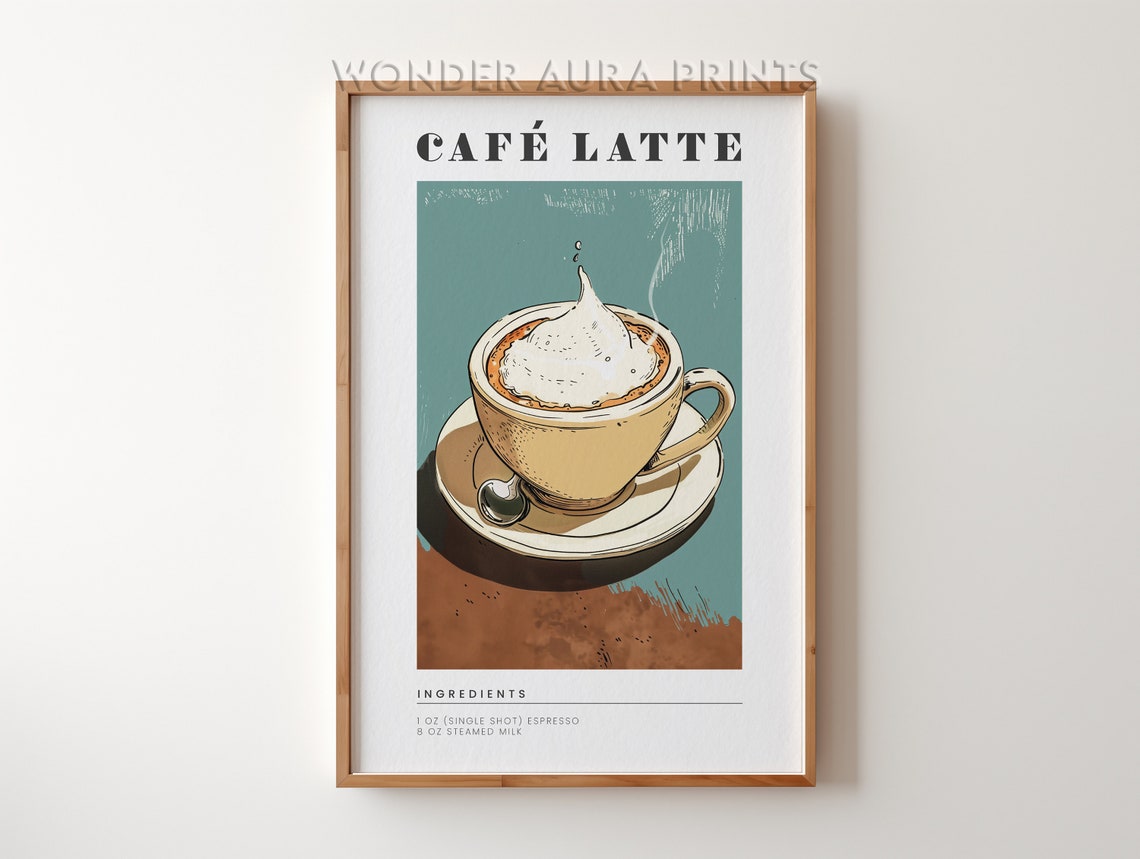 Café Latte Recipe Guide Modern Coffee Kitchen Splash Art Poster