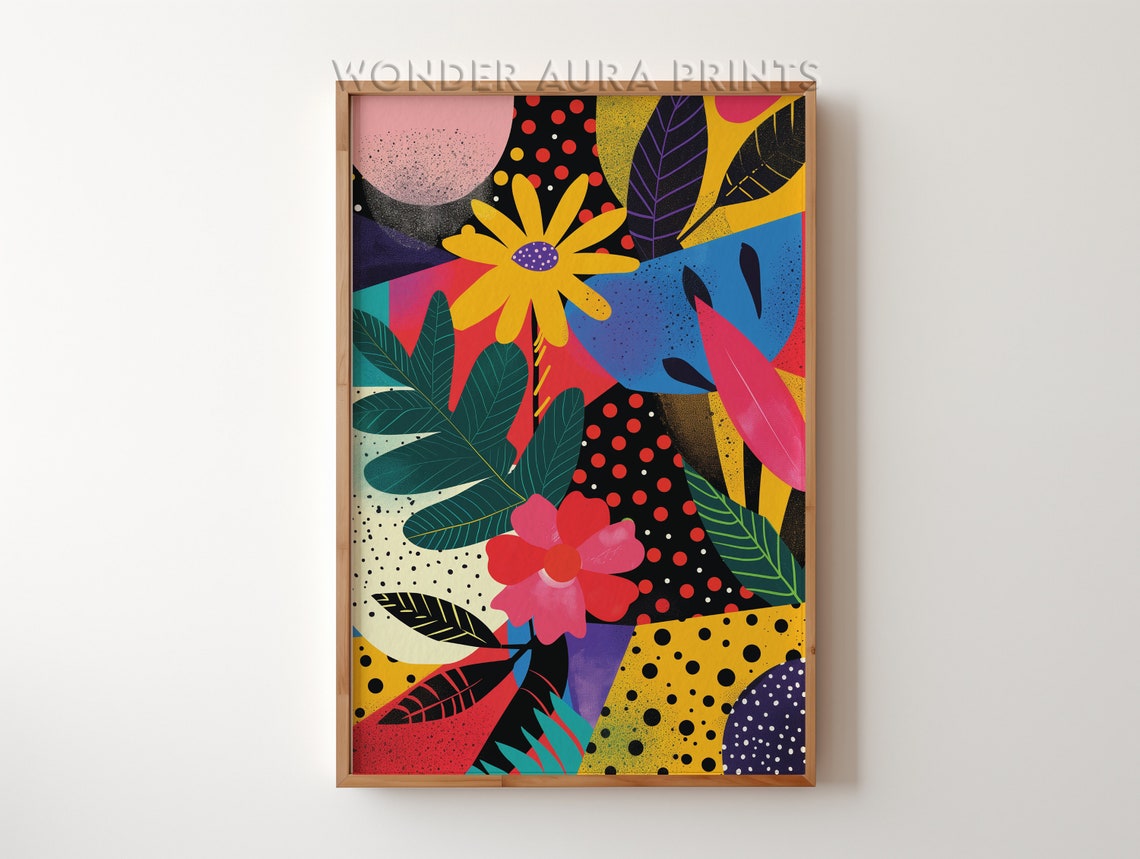 Eclectic Botanical Pop Art Print Daisy Polka Dot Leaf Collage