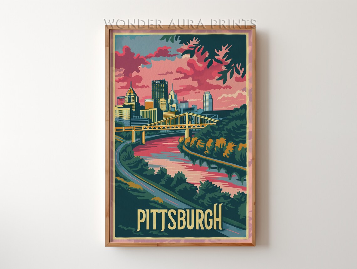 Pittsburgh Pennsylvania Skyline Poster Sunset Over the River Bridge