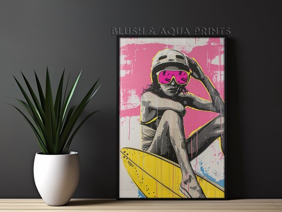 Vintage Girl Surf Poster Surfboard Wall Art Graffiti Prints Trendy Boho Bedroom Over The Bed
