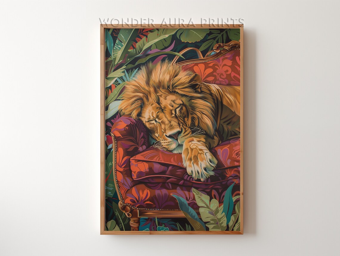 Male Lion Sleeping Maximalist Bedroom Wall Art Print Dopamine Decor Jungle Wonder Aura Prints