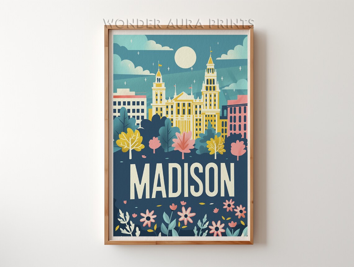 Madison Night City Hall Moon Floral Framed Retro Travel Poster