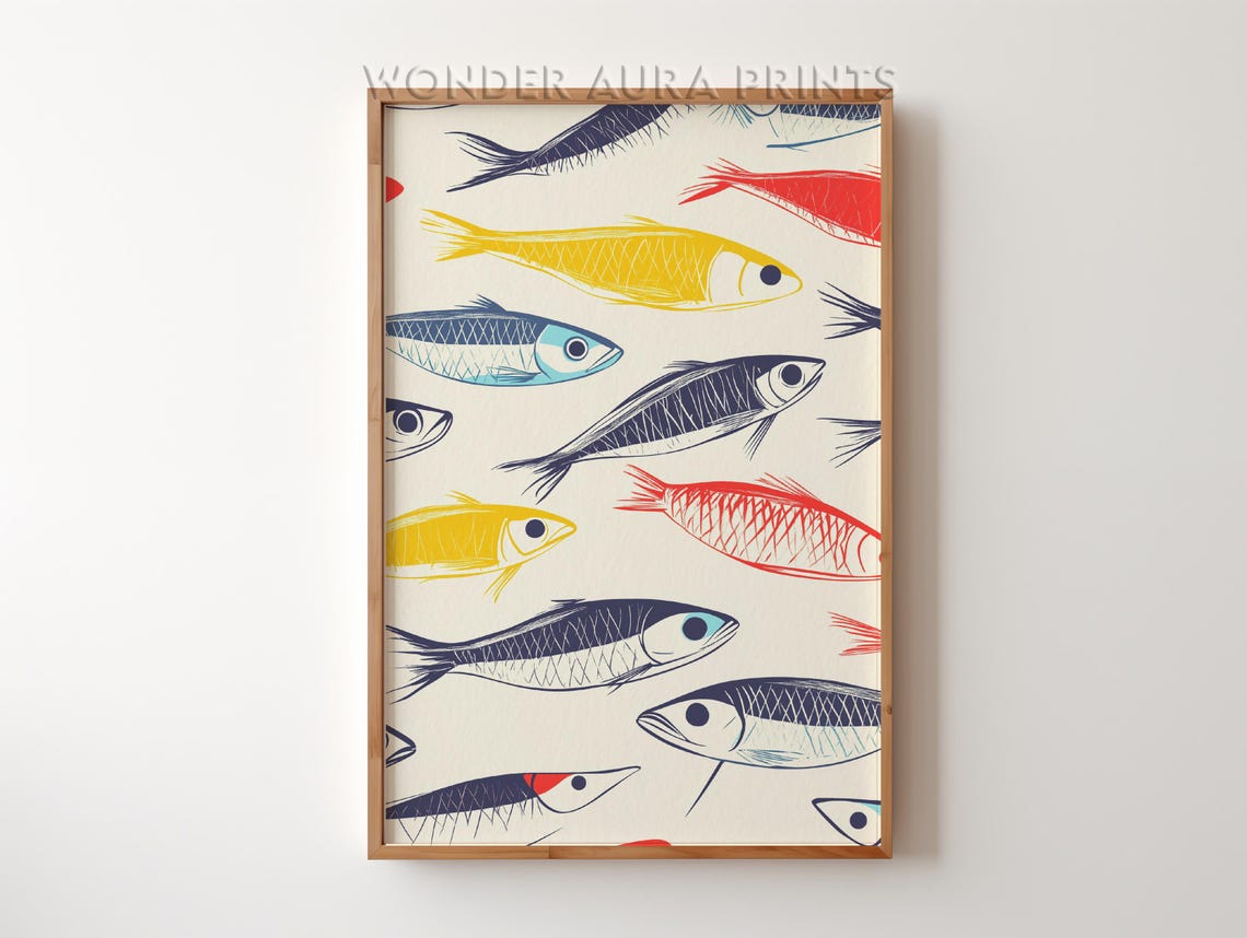 Colorful Sardine Fish Pattern Eclectic Kitchen Coastal Print