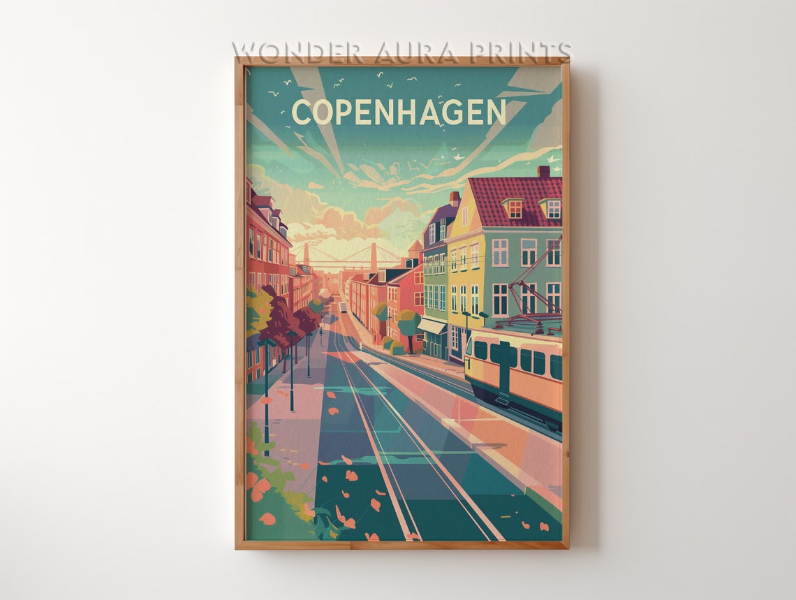 Copenhagen Denmark City Street Tram Sunset Vintage Travel Poster