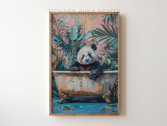 Panda Bear In From Bathtub Maximalist Bathroom Decor Dopamine Jungle Wall Wonder Aura Prints