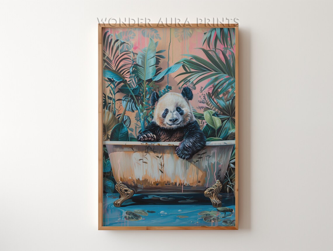 Panda Bear In From Bathtub Maximalist Bathroom Decor Dopamine Jungle Wall Wonder Aura Prints