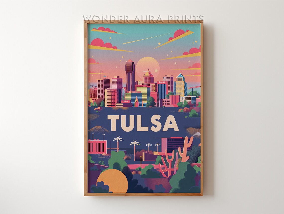 Tulsa Oklahoma Skyline Sunset Travel Poster City at Night Art