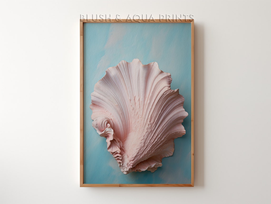 Pink Scallop Seashell on Teal Blue Minimalist Coastal Art Print