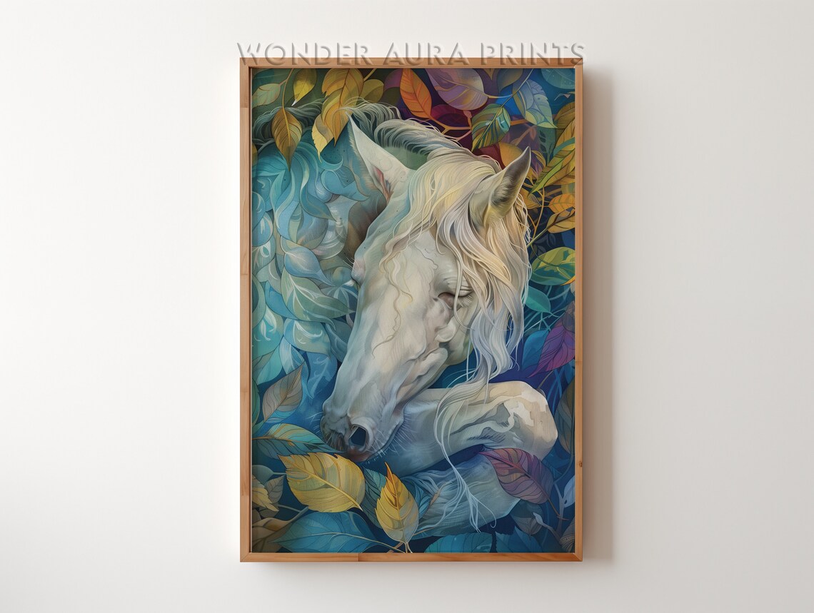 White Horse Resting Among Blue and Gold Autumn Leaves Art Print