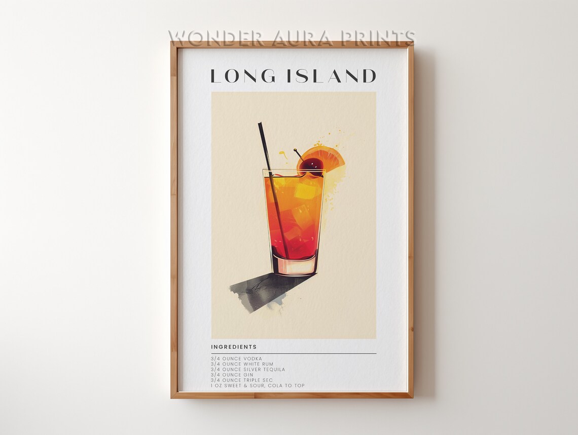 Long Island Iced Tea Cocktail Recipe Watercolor Kitchen Bar Poster