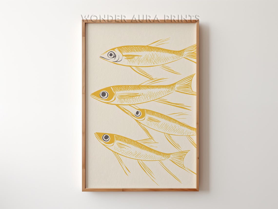 Mustard Yellow Sardines Minimalist Cream Kitchen Decor Poster