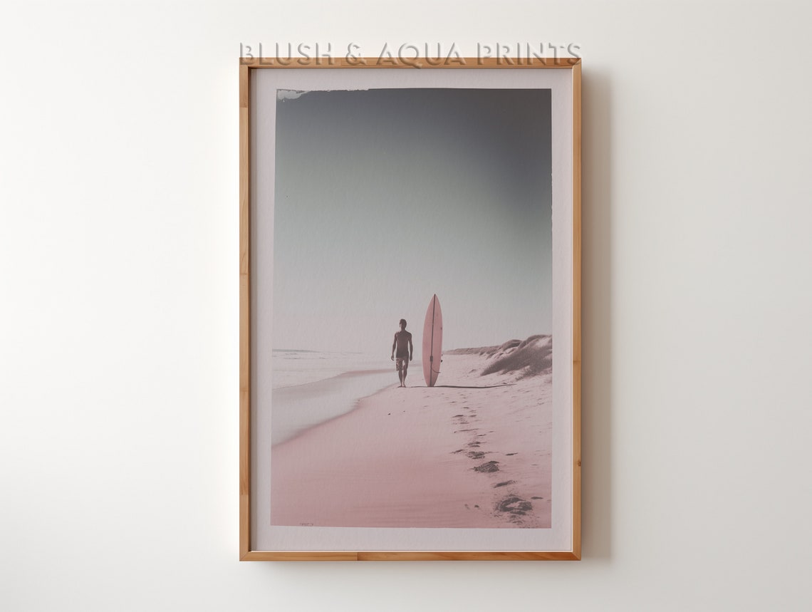 Misty Pink Dawn Surfer Walking The Beach With Surfboard Wall Art