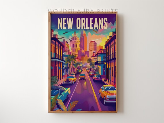 New Orleans Travel Poster Vibrant Street Scene at Sunset Louisiana