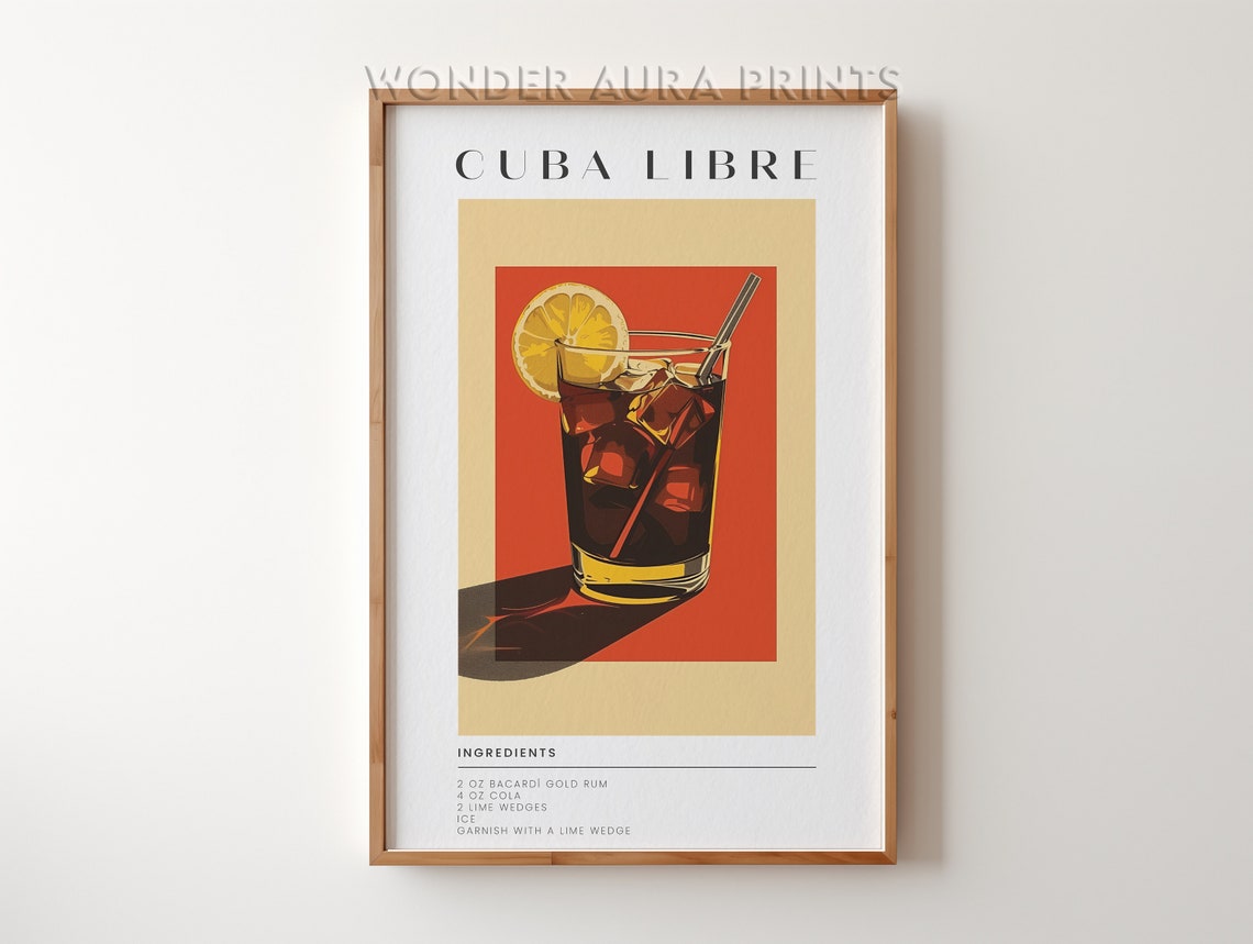 Cuba Libre Cocktail Recipe Ingredients Retro Bar Cart Wall Poster