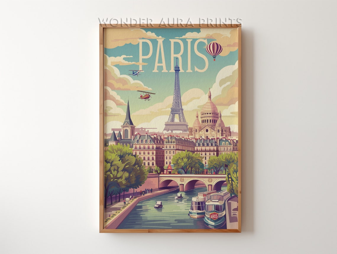 Paris Eiffel Tower Vintage City Skyline Balloon Retro Travel Poster