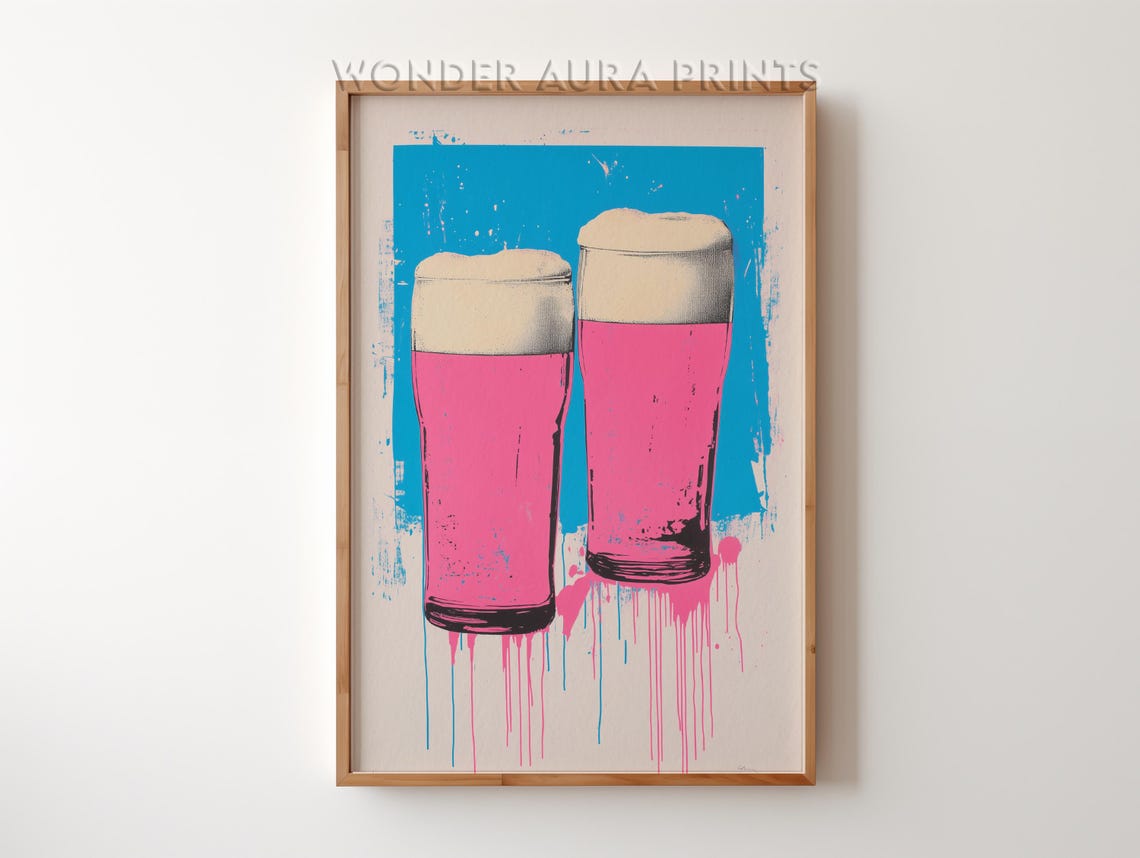 Pop Art Pink Beer Glasses Neon Kitchen Bar Wall Decor Poster