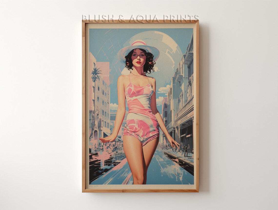 Retro Swimsuit Woman in Sunny City Street Vintage Pin-Up Art Poster