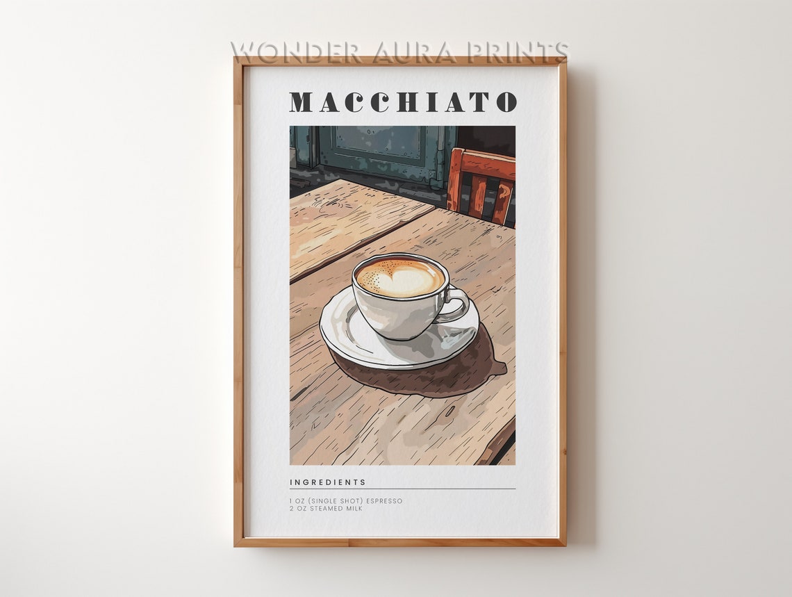 Macchiato Espresso Coffee Recipe On Rustic Wood Table Art Poster