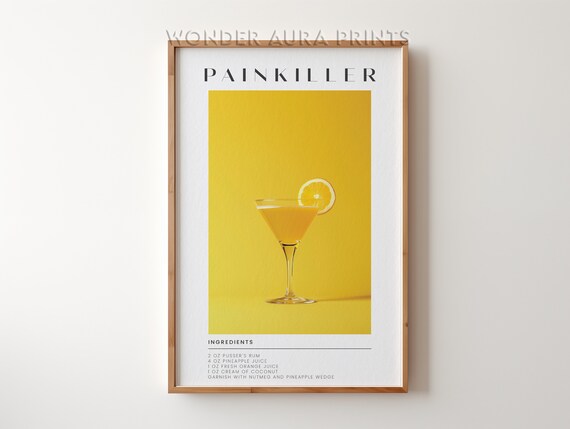Painkiller Rum Cocktail Recipe Chart On Sunny Yellow Bar Print
