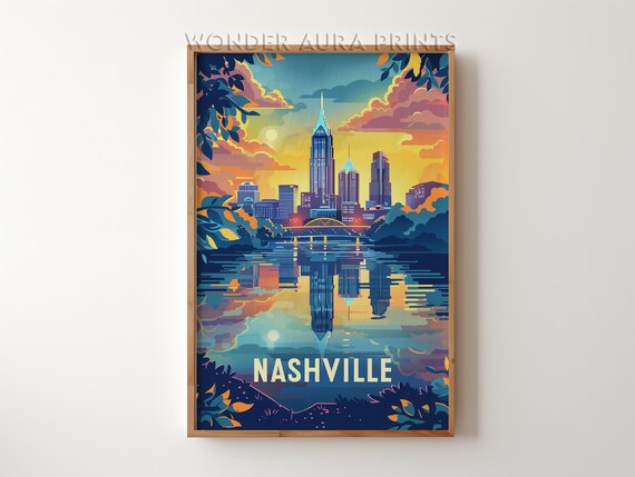 Nashville Tennessee Skyline Sunset Over River Colorful Travel Poster