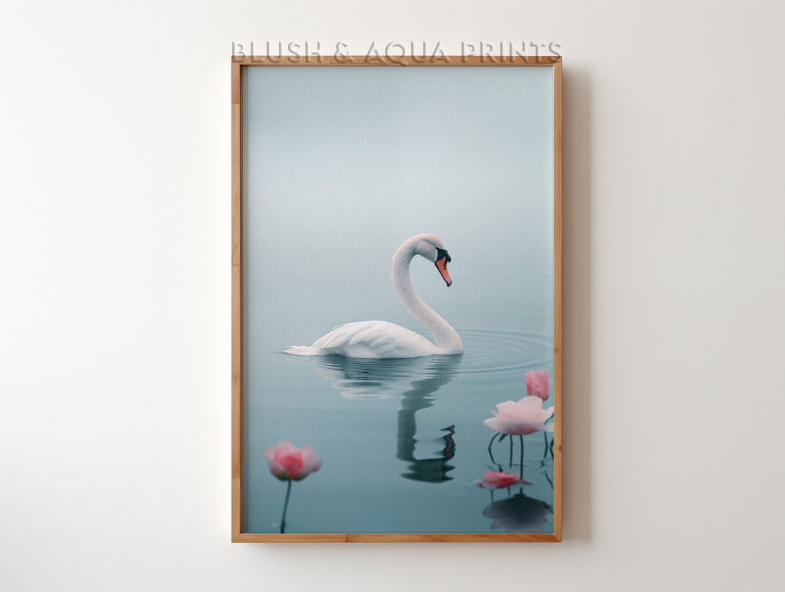 White Swan on Misty Lake with Pink Lotus Minimalist Art Print