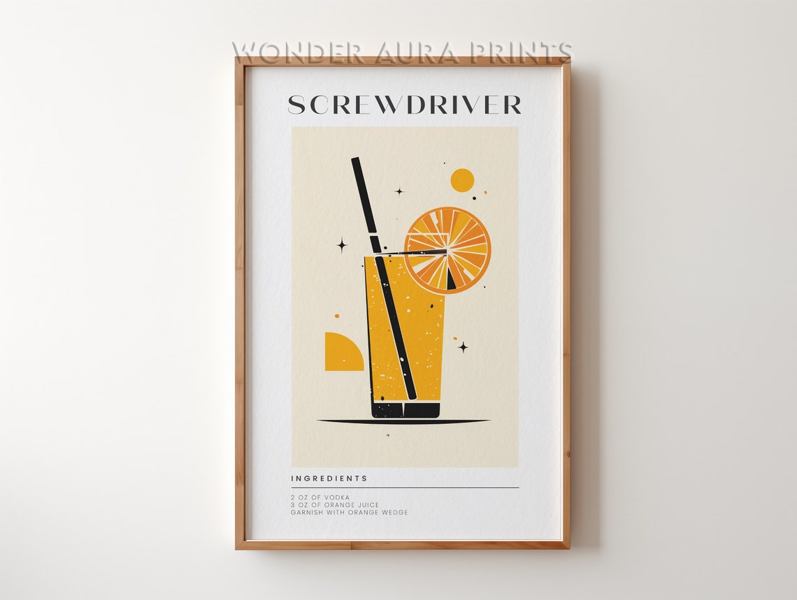 Classic Screwdriver Cocktail Recipe Ingredients Retro Bar Print