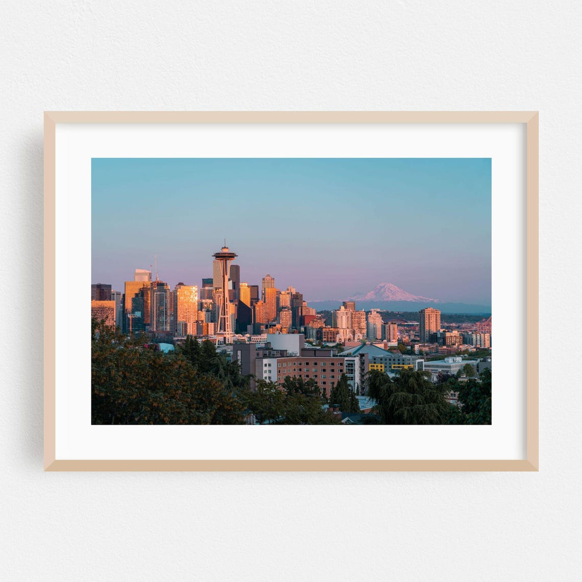 Seattle Skyline at Sunset with Space Needle and Mt Rainier Poster