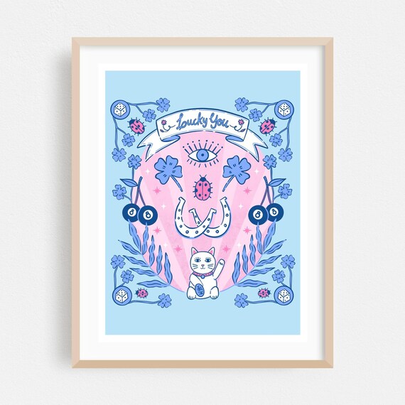 Lucky You Maneki Neko Cat Pink Blue Good Luck Charms Whimsical Poster