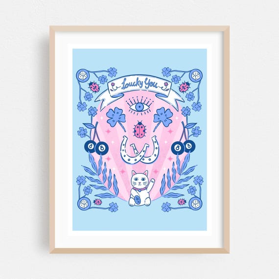 Whimsical Print Illustration Wall Art Insect Framed Cat Home Decor Pop Poster Floral Fine Lucky You
