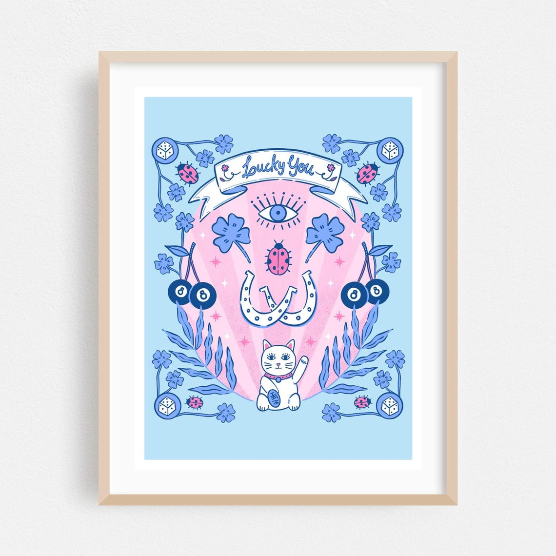 Whimsical Print Illustration Wall Art Insect Framed Cat Home Decor Pop Poster Floral Fine Lucky You