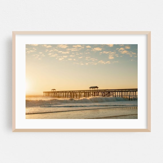 Fernandina Beach Golden Sunset Ocean Pier Waves Photography Poster