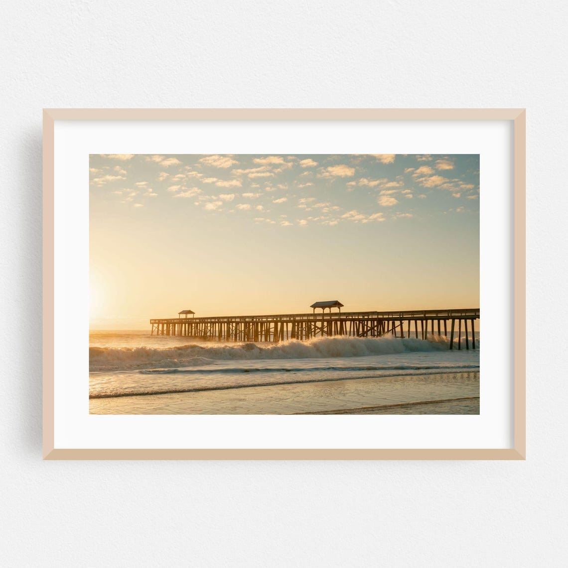 Fernandina Beach Golden Sunset Ocean Pier Waves Photography Poster