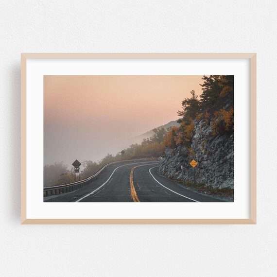 Winding Mountain Road Pink Sunset Rocky Cliffside Scenic Poster