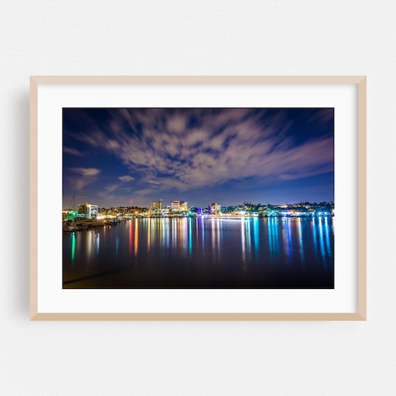 Newport Beach Harbor at Night City Lights Reflection Photography Poster