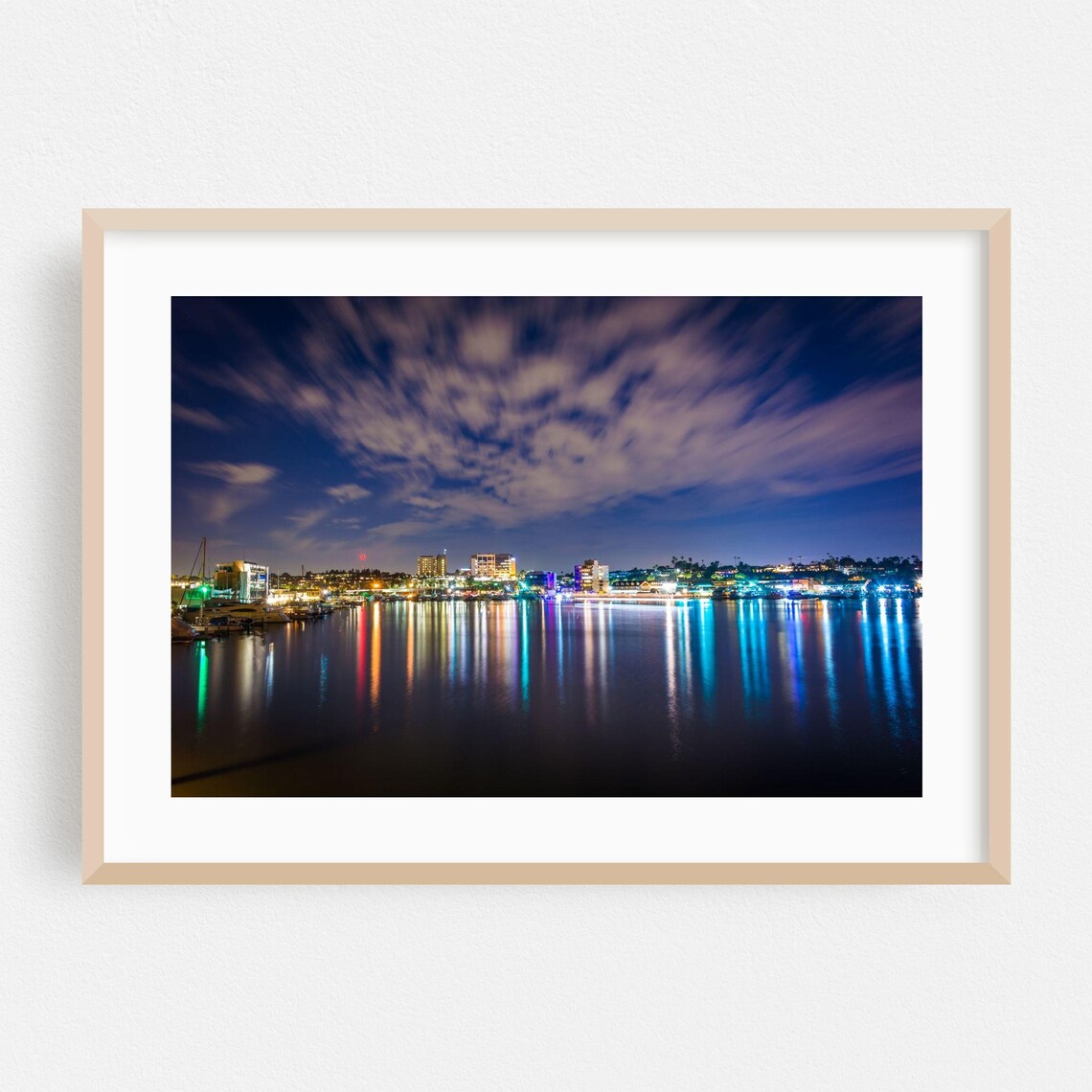 Newport Beach Harbor at Night City Lights Reflection Photography Poster