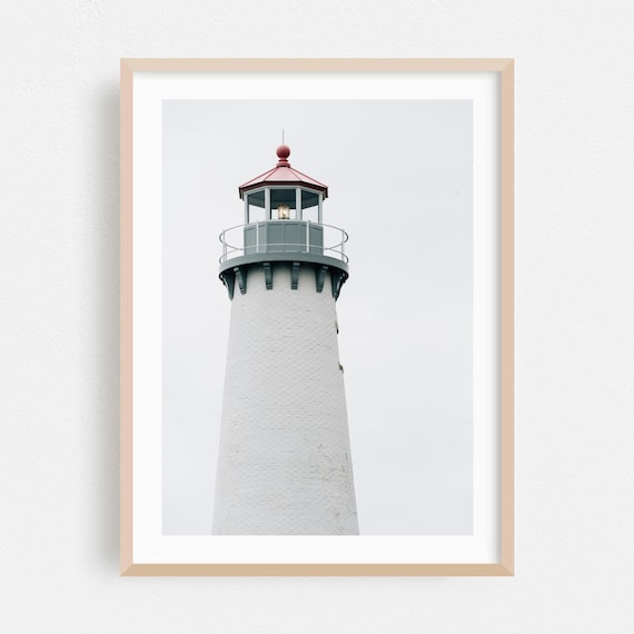 White Lighthouse Red Dome Minimalist Coastal Photography Poster