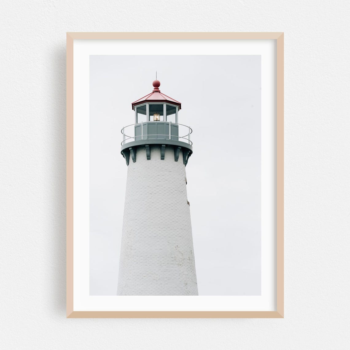 White Lighthouse Red Dome Minimalist Coastal Photography Poster
