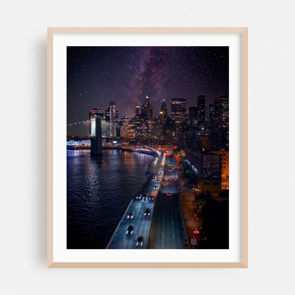 Manhattan Night Skyline Milky Way Bridge Cityscape Photo Poster