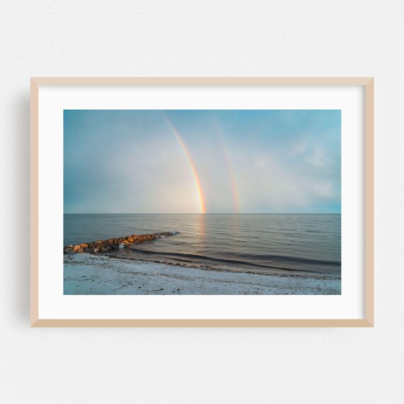 Double Rainbow Over Calm Ocean Beach Serene Photography Poster