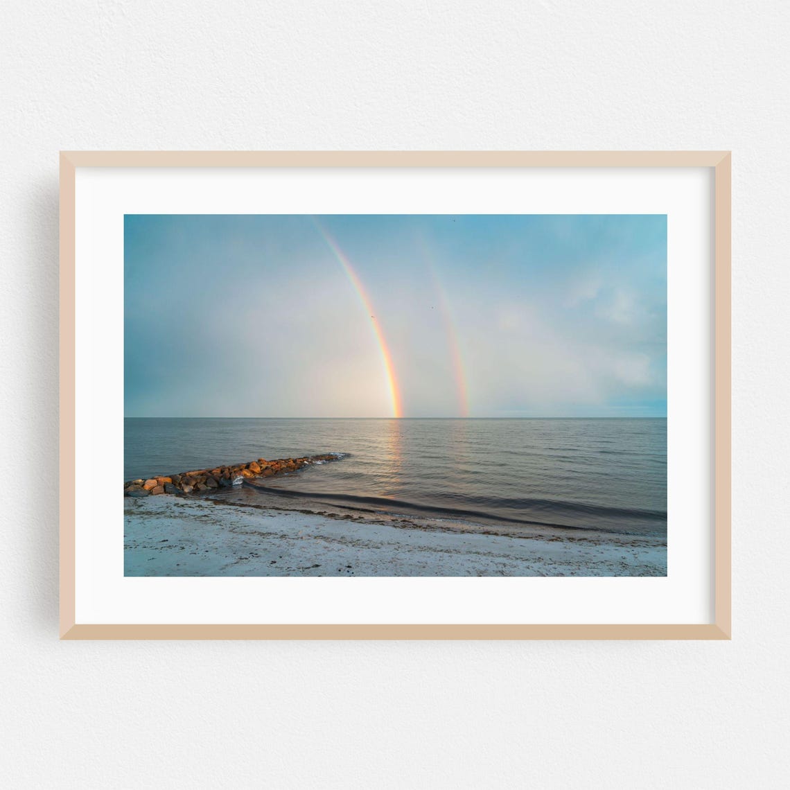 Double Rainbow Over Calm Ocean Beach Serene Photography Poster