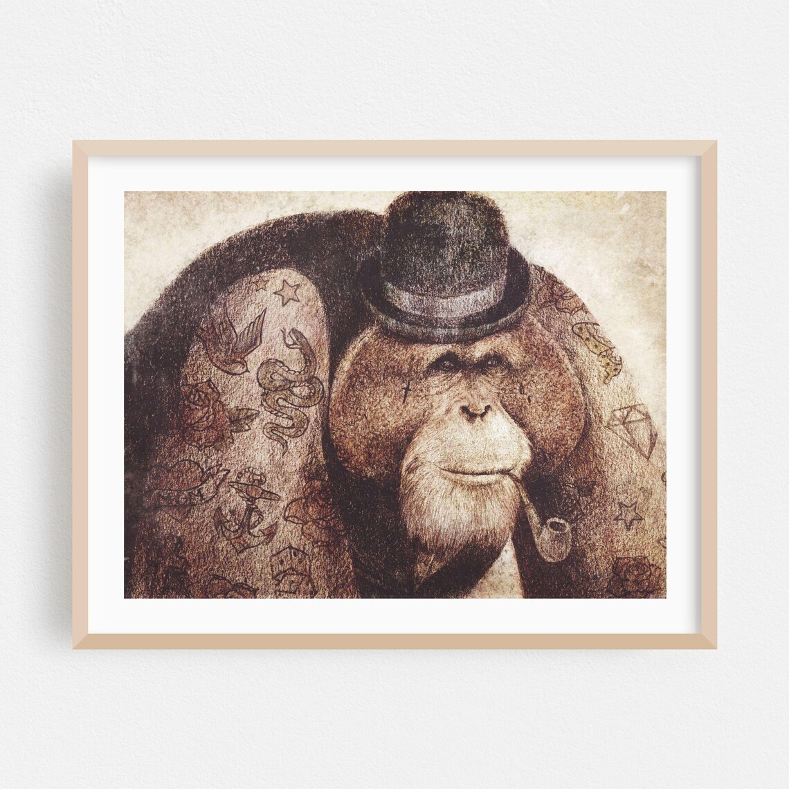 Bill The Tattooed Orangutan Pipe And Bowler Hat Humor Wall Art