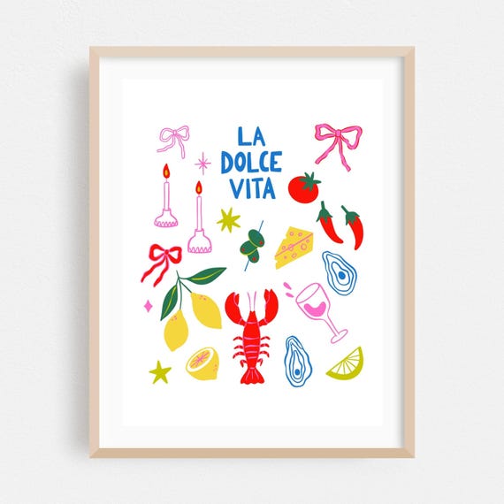 Italian Print Pop Wall Art Kitchen Decor Framed Seafood Home Lemon Poster Quote Fine Illustration