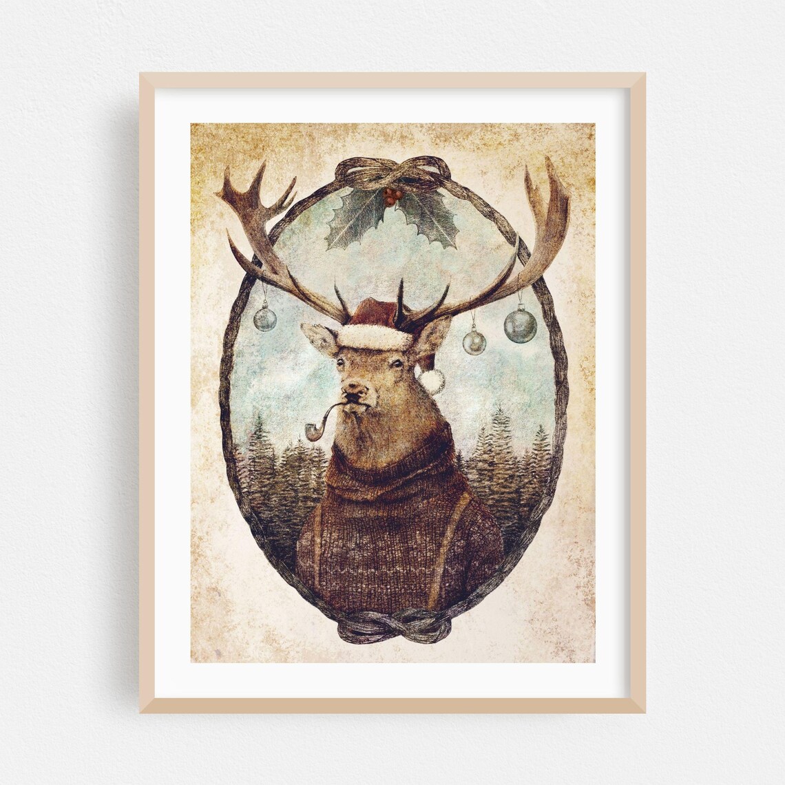 Christmas Stag Santa Hat Sweater Vintage Holiday Animal Poster